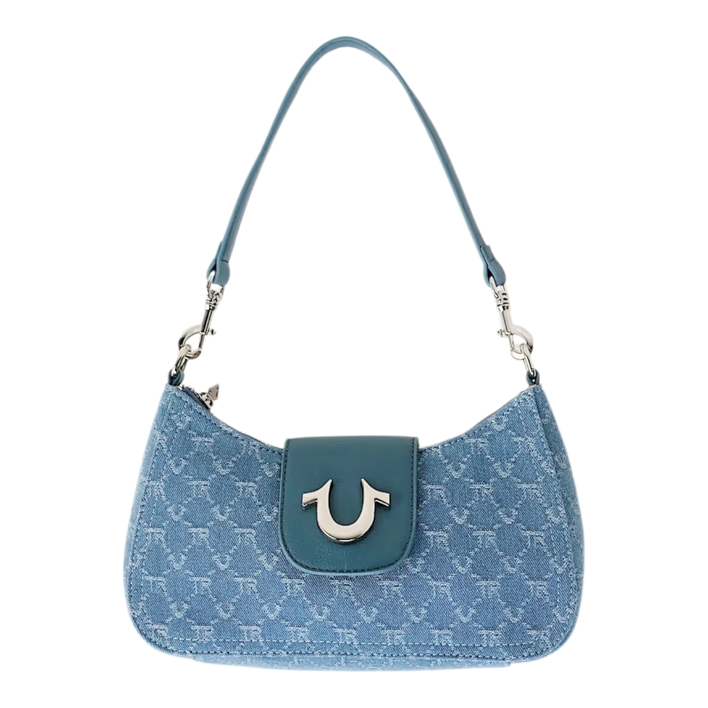True Religion Women’s Denim Shoulder Bag Horseshoe Monogram Mini Hobo Purse Blue
